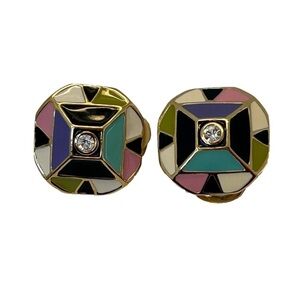 Gold Tone Geometric Shaped Enamel Clip On Earrings